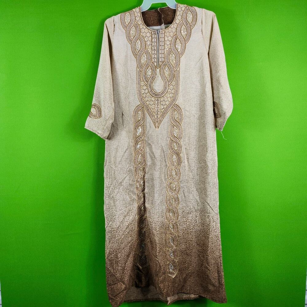 Embroidered Ombre Tan Kaftan Dress With Sequins & Tassel Detail Zipper Closure
